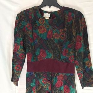 80's Floral Print Long Sleeve Dress Stuart Alan Petites Sz 8 Button and Zipper